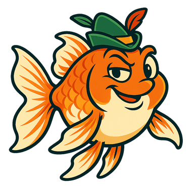 Robin — a fancy oranda goldfish in a tiny green Robin Hood cap